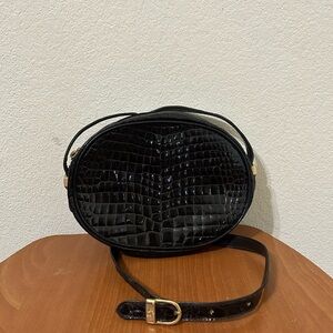Vintage Bidente Brown Crocodile-Embossed Women's Bag Gold Italy Crossbody Round